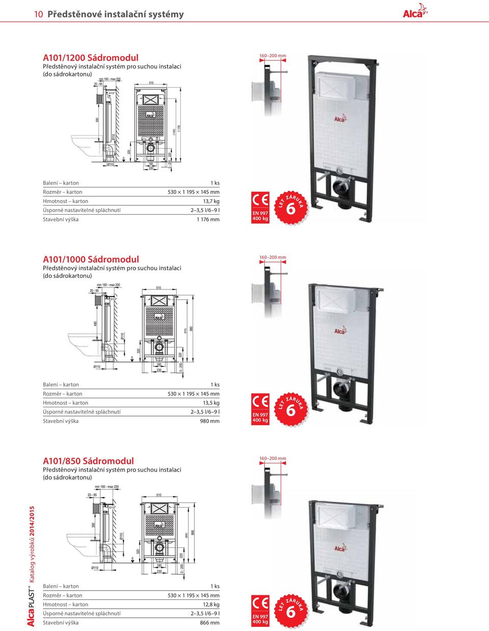 mm Úsporné nastavitelné spláchnutí Stavební výška 530 1 195 145 mm 13,5 kg 2 3,5 l/6 9 l 980 mm EN 997 400 kg LET ZÁRUKA 6 A101/850 Sádromodul Předstěnový instalační systém pro