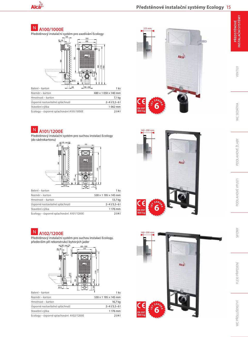 spláchnutí Stavební výška Ecology úsporné splachování A101/1200E 530 1 195 145 mm 13,7 kg 2 4 l/3,5 6 l 1 176 mm 2 l/4 l N A102/1200E Předstěnový instalační systém pro suchou instalaci Ecology,