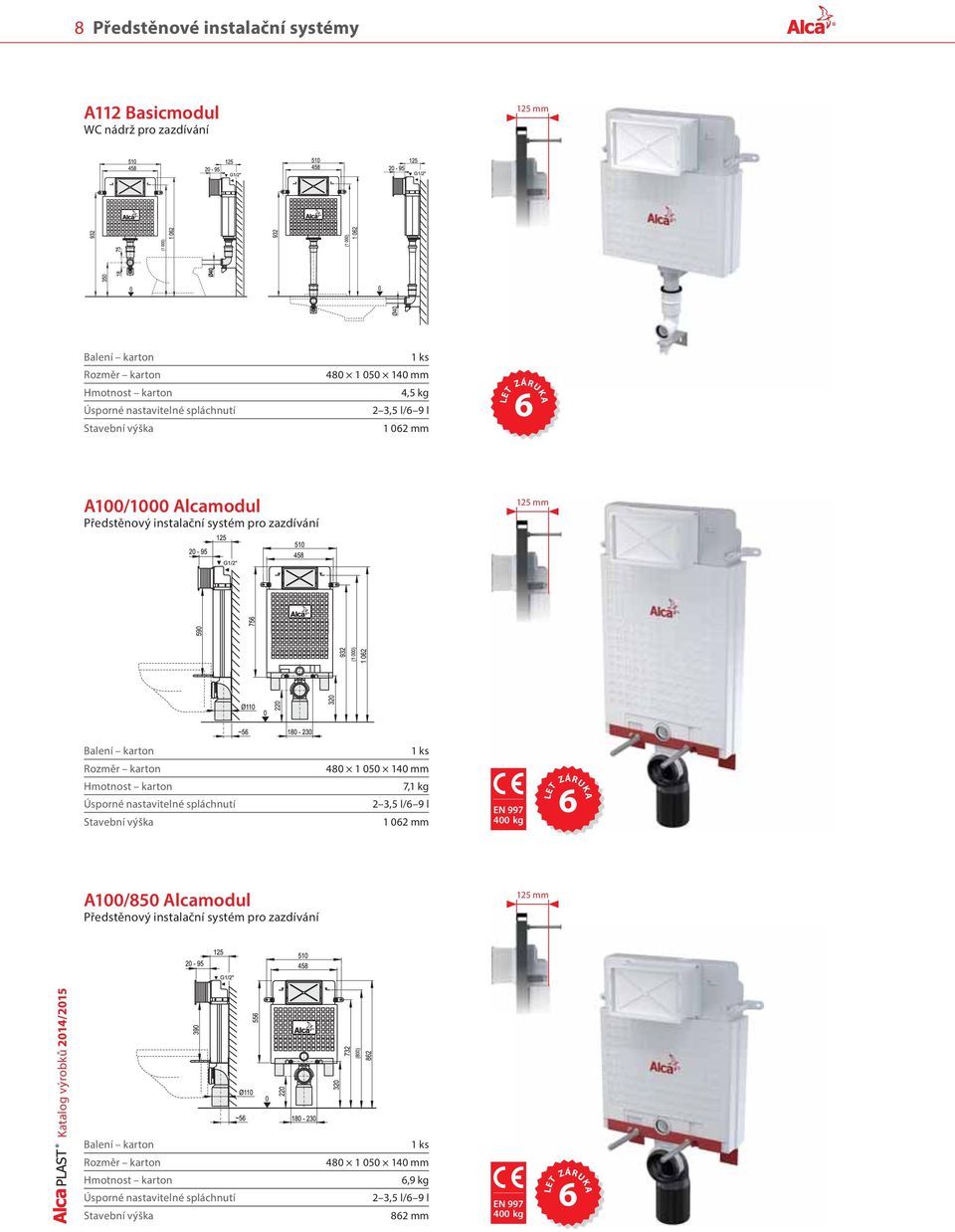 Stavební výška 480 1 050 140 mm 7,1 kg 2 3,5 l/6 9 l 1 062 mm EN 997 400 kg LET ZÁRUKA 6 A100/850 Alcamodul Předstěnový instalační systém pro