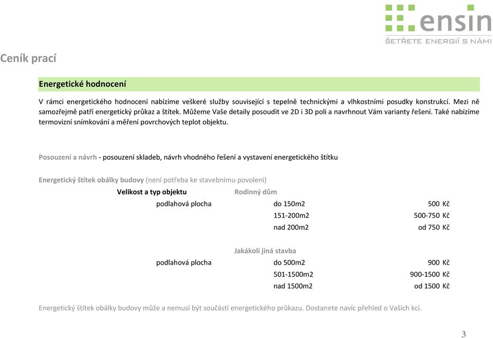 Posouzení a návrh posouzení skladeb, návrh vhodného řešení a vystavení energetického štítku Energetický štítek obálky budovy (není potřeba ke stavebnímu povolení) Velikost a typ objektu Rodinný dům