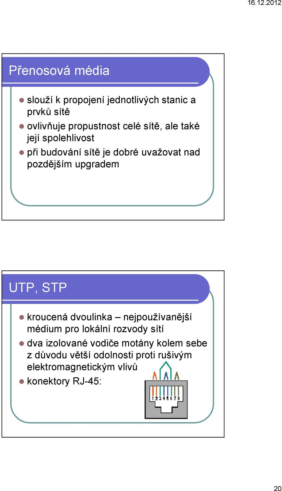 STP kroucená dvoulinka nejpoužívanější médium pro lokální rozvody sítí dva izolované vodiče