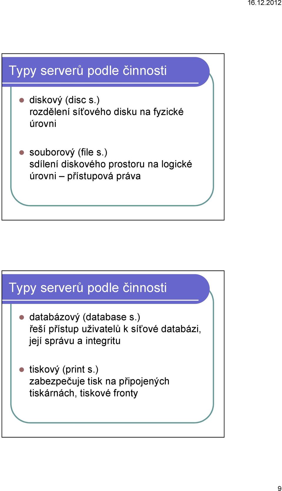 ) sdílení diskového prostoru na logické úrovni přístupová práva Typy serverů podle činnosti