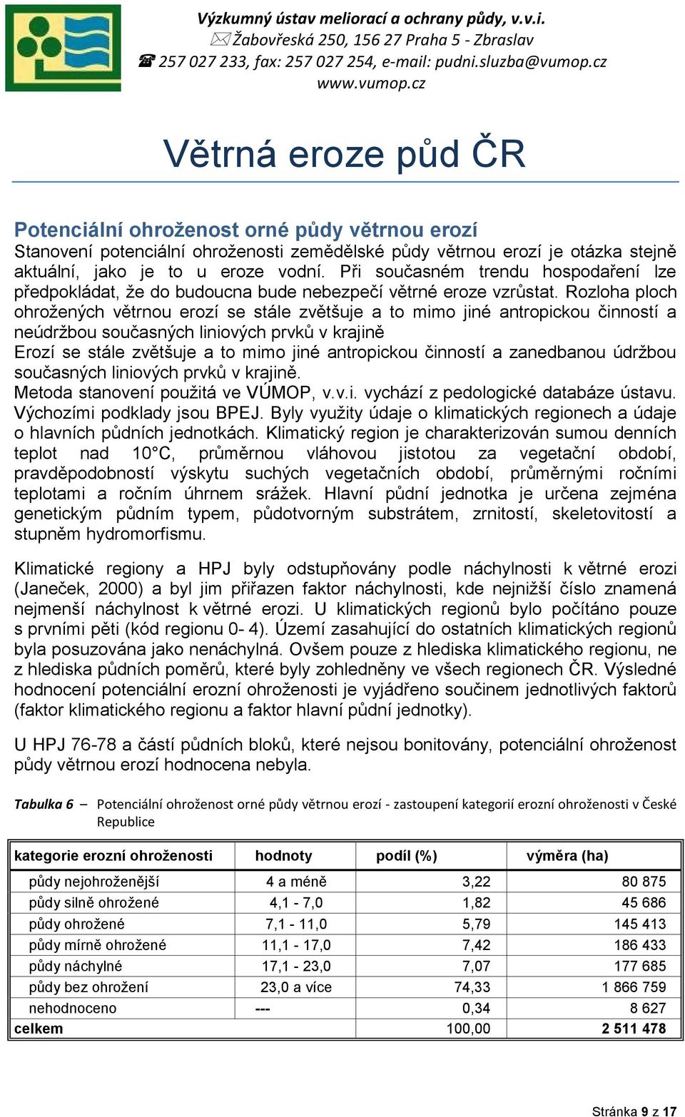 Rozloha ploch ohrožených větrnou erozí se stále zvětšuje a to mimo jiné antropickou činností a neúdržbou současných liniových prvků v krajině Erozí se stále zvětšuje a to mimo jiné antropickou