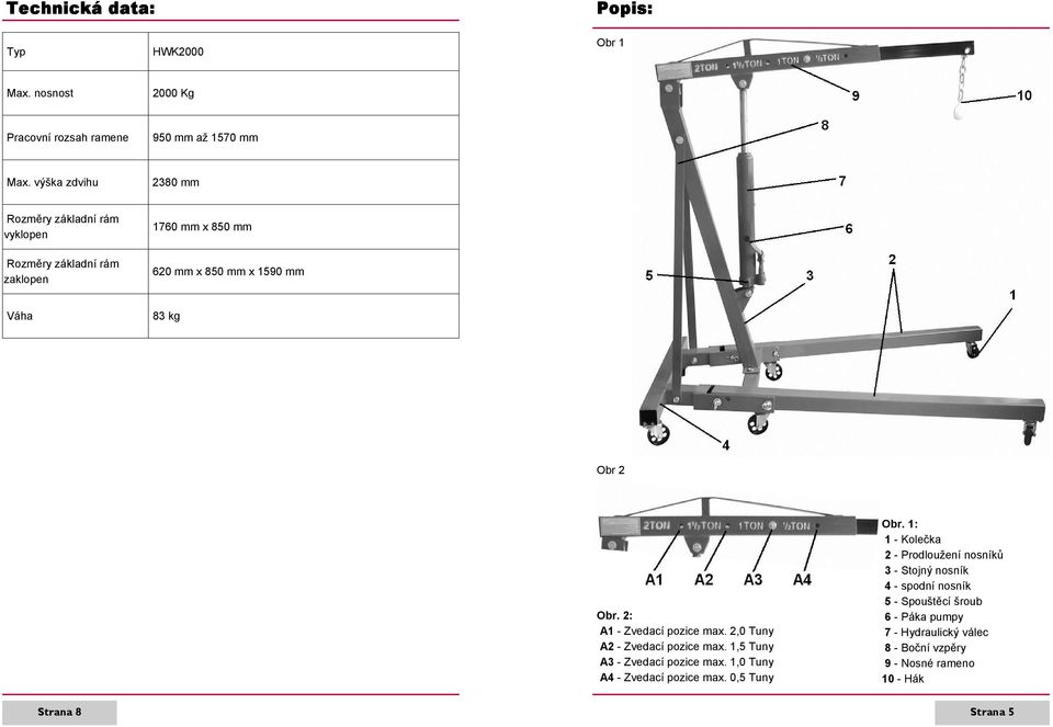 2: A1 - Zvedací pozice max. 2,0 Tuny A2 - Zvedací pozice max. 1,5 Tuny A3 - Zvedací pozice max. 1,0 Tuny A4 - Zvedací pozice max. 0,5 Tuny Obr.