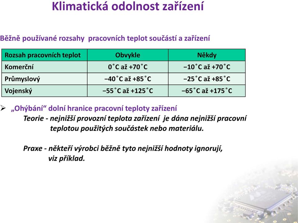 +175 C Ohýbání dolní hranice pracovní teploty zařízení Teorie -nejnižší provozní teplota zařízení je dána nejnižší