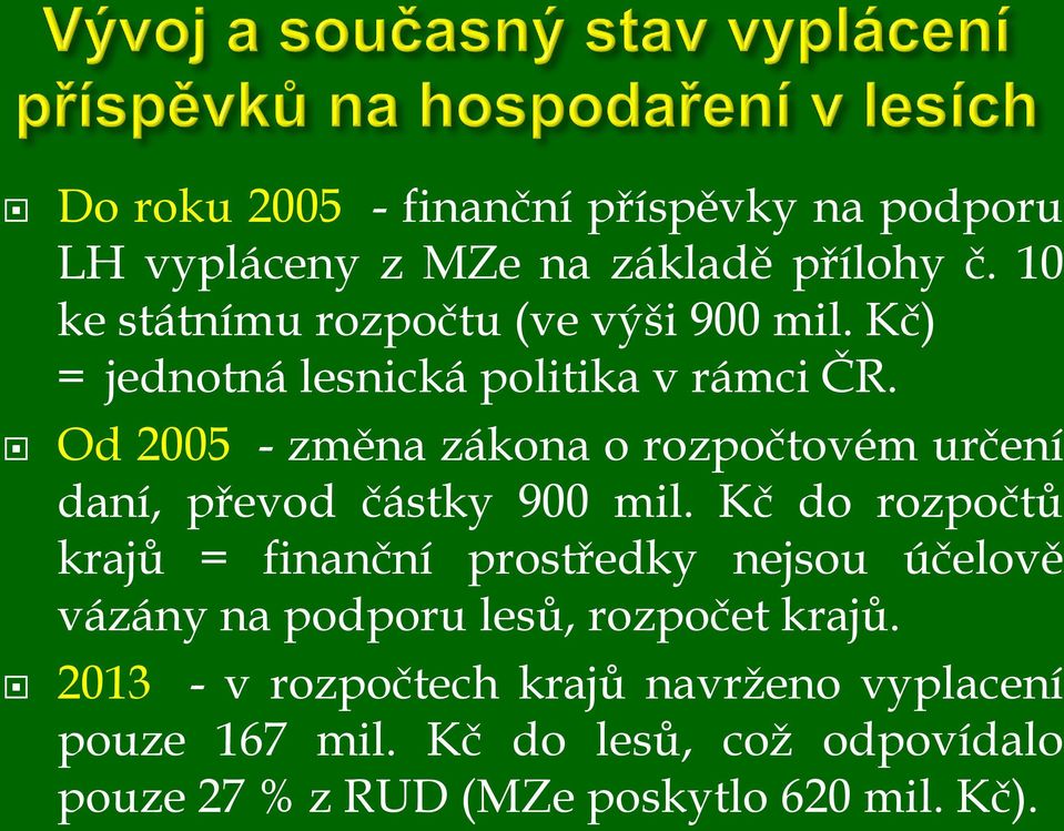 Od 2005 - změna zákona o rozpočtovém určení daní, převod částky 900 mil.