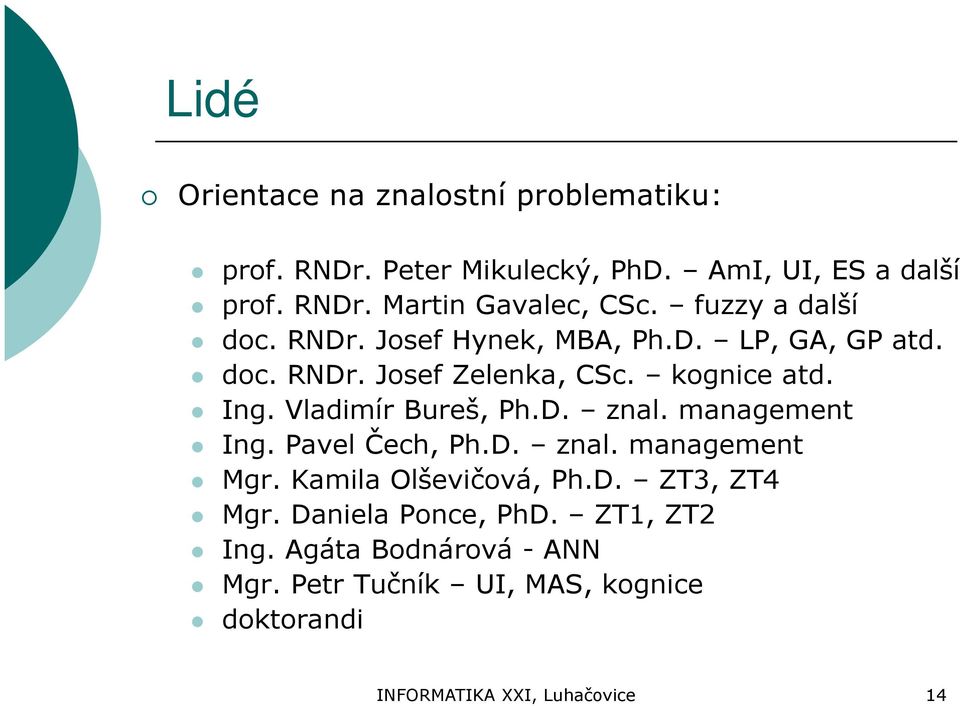 Vladimír Bureš, Ph.D. znal. management Ing. Pavel Čech, Ph.D. znal. management Mgr. Kamila Olševičová, Ph.D. ZT3, ZT4 Mgr.
