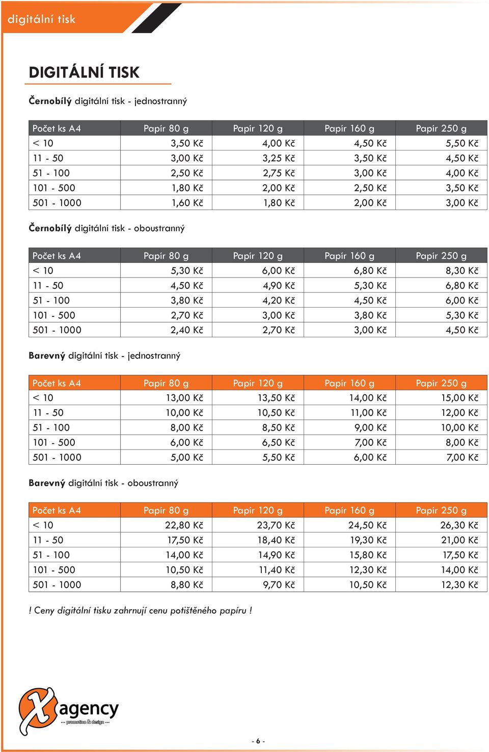 g Papír 160 g Papír 250 g < 10 5,30 Kč 6,00 Kč 6,80 Kč 8,30 Kč 11-50 4,50 Kč 4,90 Kč 5,30 Kč 6,80 Kč 51-100 3,80 Kč 4,20 Kč 4,50 Kč 6,00 Kč 101-500 2,70 Kč 3,00 Kč 3,80 Kč 5,30 Kč 501-1000 2,40 Kč