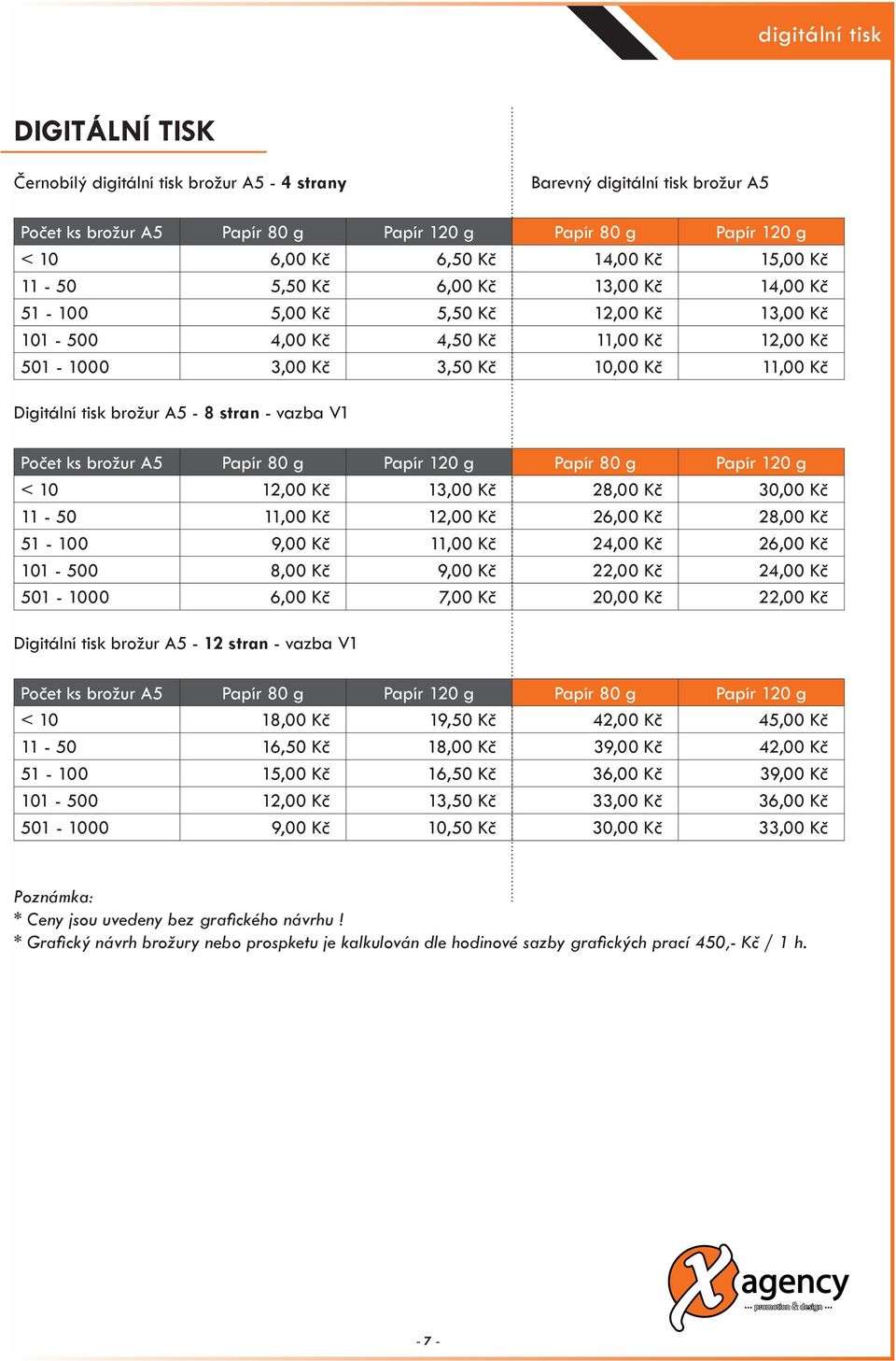 A5-8 stran - vazba V1 Počet ks brožur A5 Papír 80 g Papír 120 g Papír 80 g Papír 120 g < 10 12,00 Kč 13,00 Kč 28,00 Kč 30,00 Kč 11-50 11,00 Kč 12,00 Kč 26,00 Kč 28,00 Kč 51-100 9,00 Kč 11,00 Kč 24,00