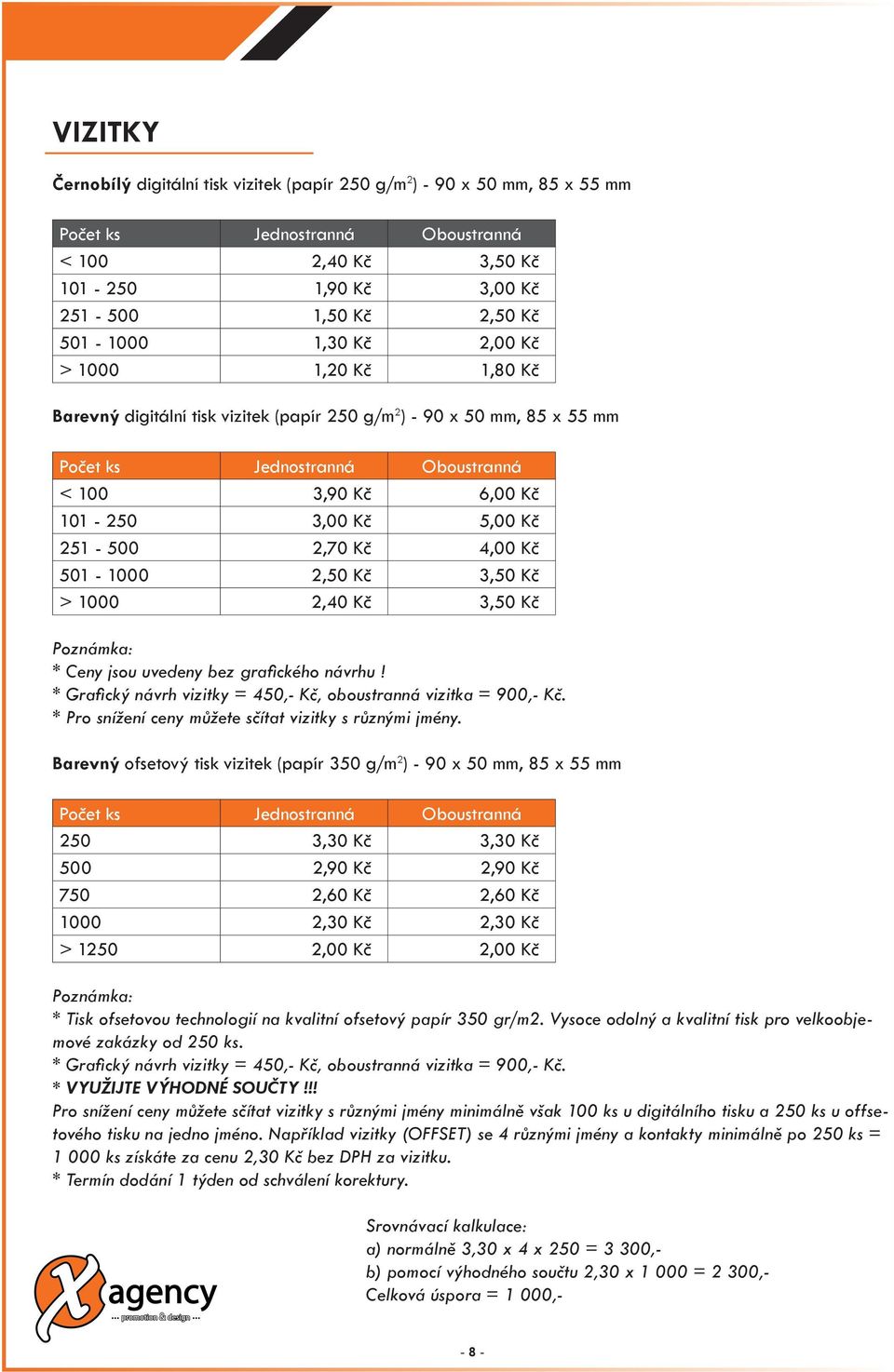 Kč 251-500 2,70 Kč 4,00 Kč 501-1000 2,50 Kč 3,50 Kč > 1000 2,40 Kč 3,50 Kč * Ceny jsou uvedeny bez grafického návrhu! * Grafický návrh vizitky = 450,- Kč, oboustranná vizitka = 900,- Kč.
