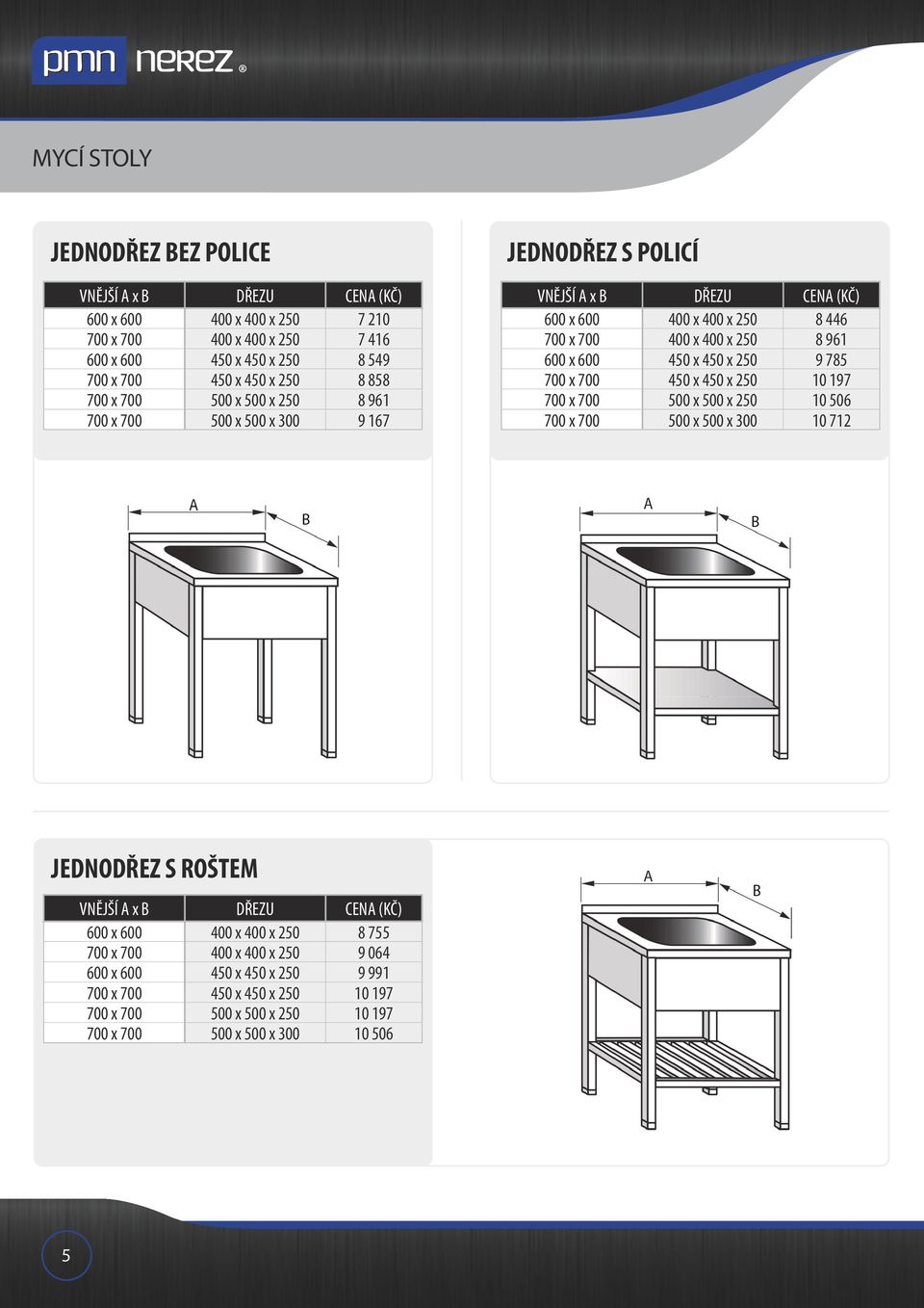 600 450 x 450 x 250 9 785 700 x 700 450 x 450 x 250 10 197 700 x 700 500 x 500 x 250 10 506 700 x 700 500 x 500 x 300 10 712 JEDNODŘEZ S ROŠTEM VNĚJŠÍ A x B DŘEZU (KČ) 600 x 600 400