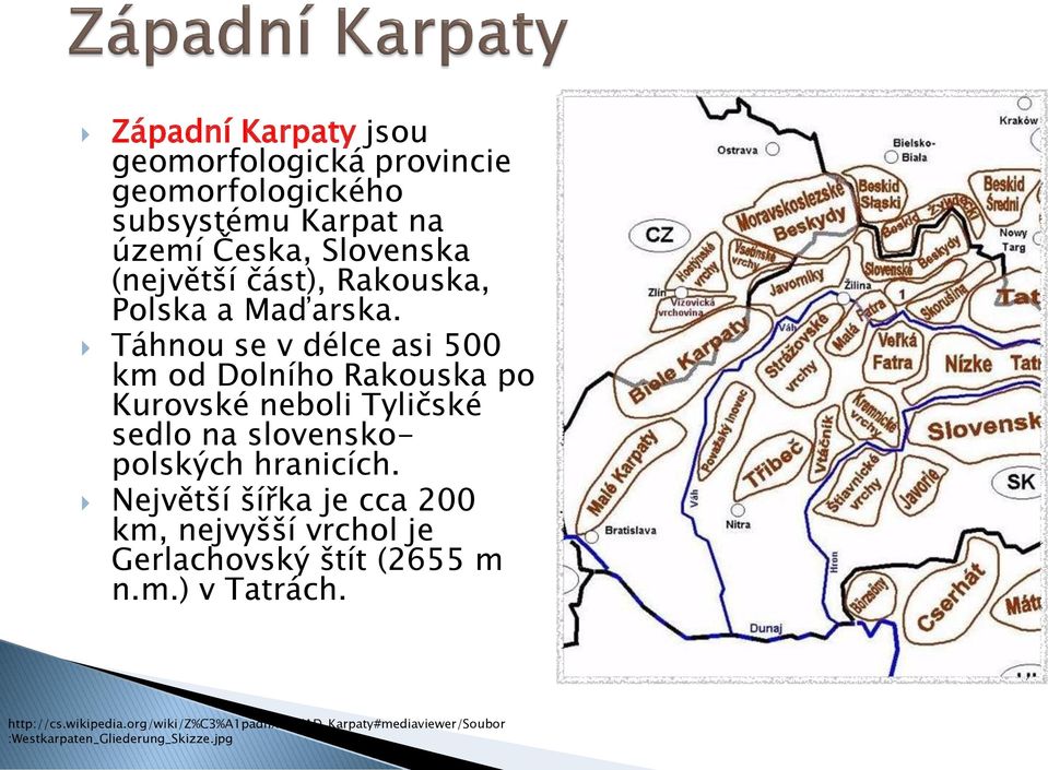 Táhnou se v délce asi 500 km od Dolního Rakouska po Kurovské neboli Tyličské sedlo na slovenskopolských hranicích.