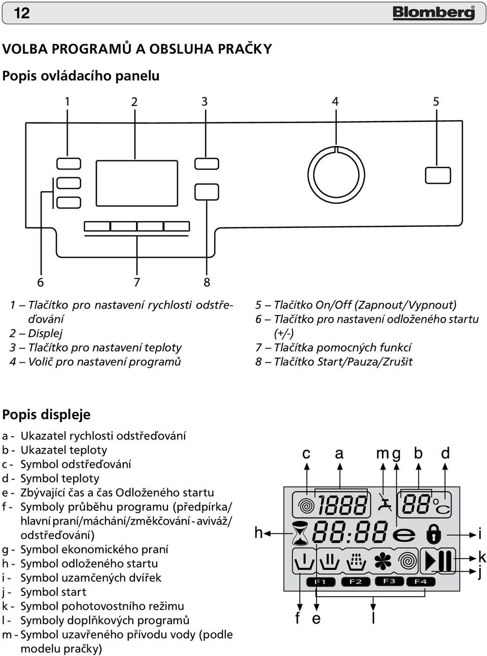 - Symbol odstřeďování d - Symbol teploty e - Zbývající čas a čas Odloženého startu f - Symboly průběhu programu (předpírka/ hlavní praní/máchání/změkčování - aviváž/ odstřeďování) g - Symbol