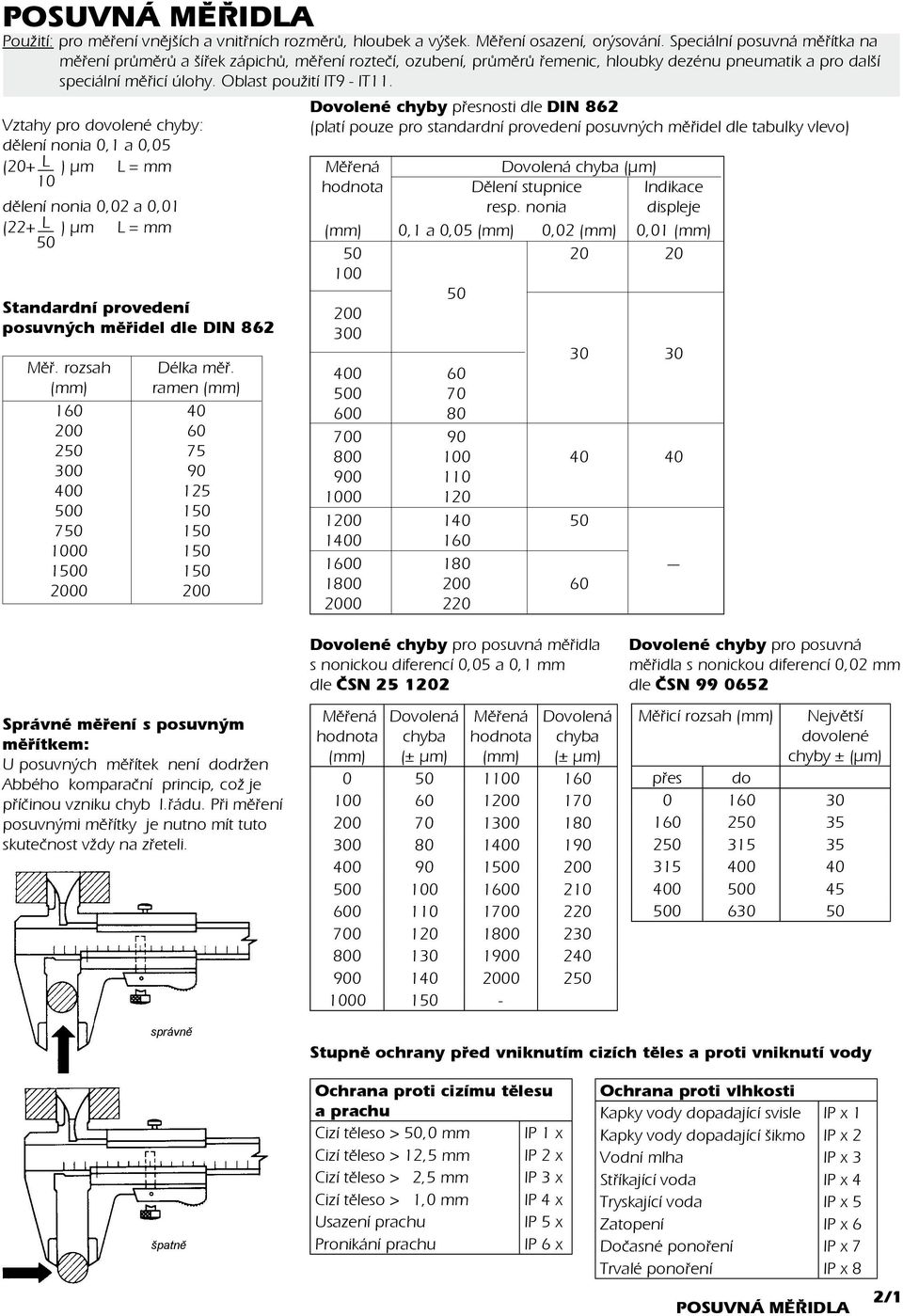 Vztahy pro dovolené chyby: dělení nonia 0,1 a 0,05 (20+ L ) µm L = mm 10 dělení nonia 0,02 a 0,01 (22+ L ) µm L = mm 50 Standardní provedení posuvných mìøidel dle DIN 862 Mìø.