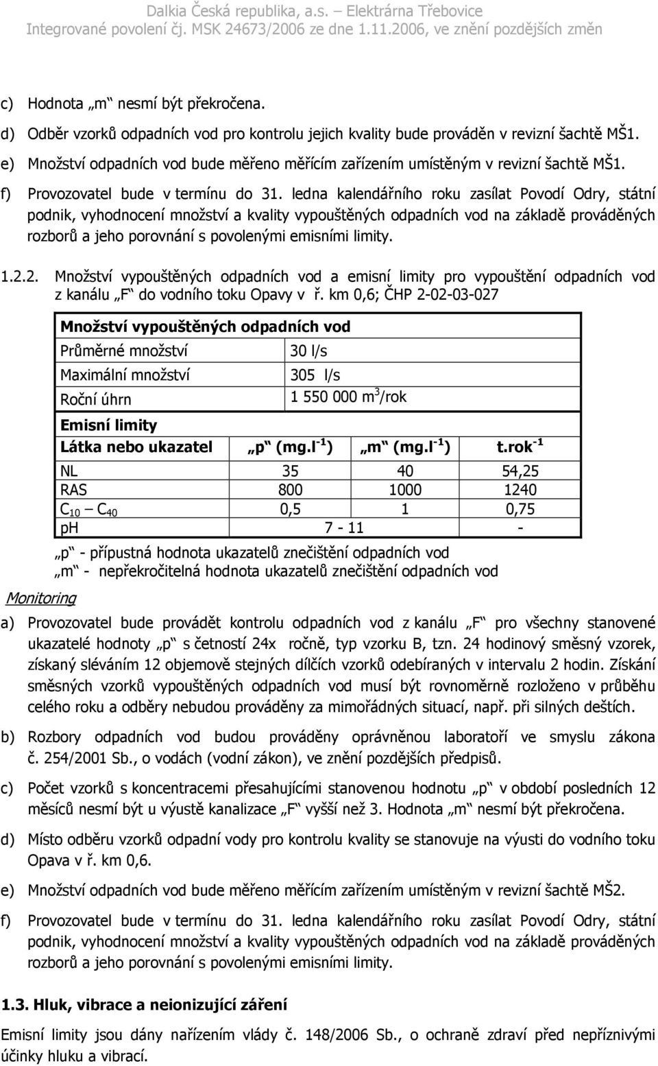 ledna kalendářního roku zasílat Povodí Odry, státní podnik, vyhodnocení množství a kvality vypouštěných odpadních vod na základě prováděných rozborů a jeho porovnání s povolenými emisními limity. 1.2.