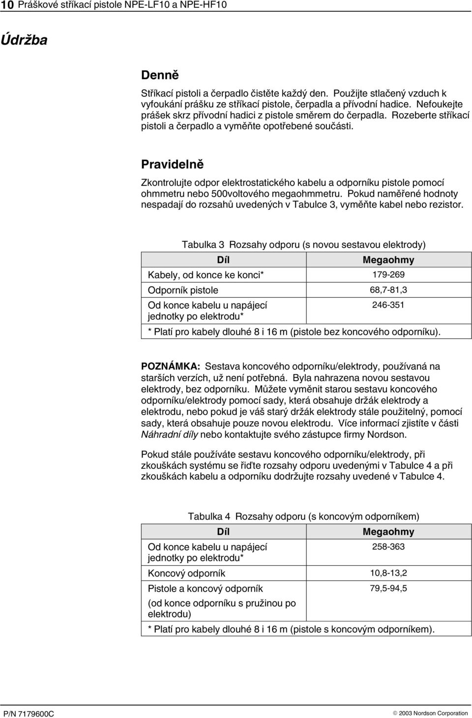 Pravidelně Zkontrolujte odpor elektrostatického kabelu a odporníku pistole pomocí ohmmetru nebo 500voltového megaohmmetru.