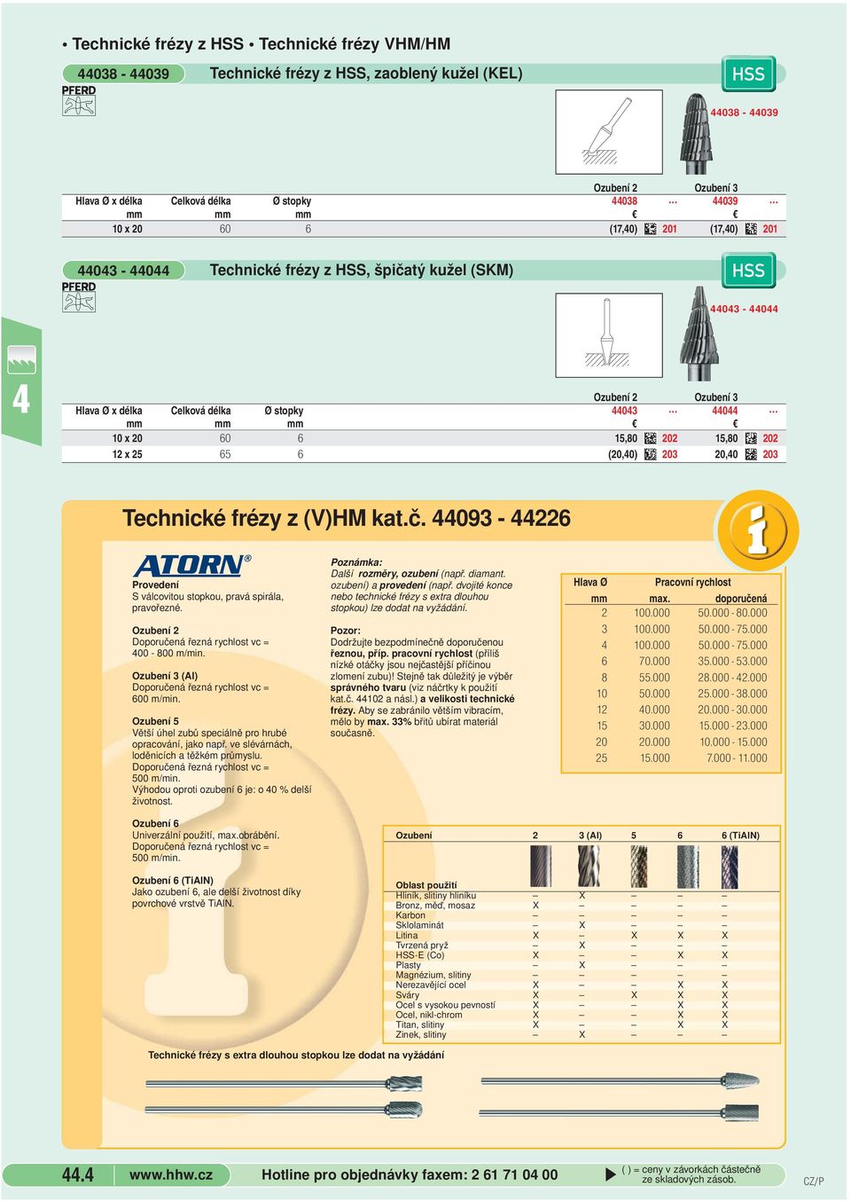 (20,0) 203 20,0 203 Technické frézy z (V)HM kat.č. 093-226 0 S válcovitou stopkou, pravá spirála, pravořezné. Ozubení 2 Doporučená řezná rychlost vc = 00-800 m/min.