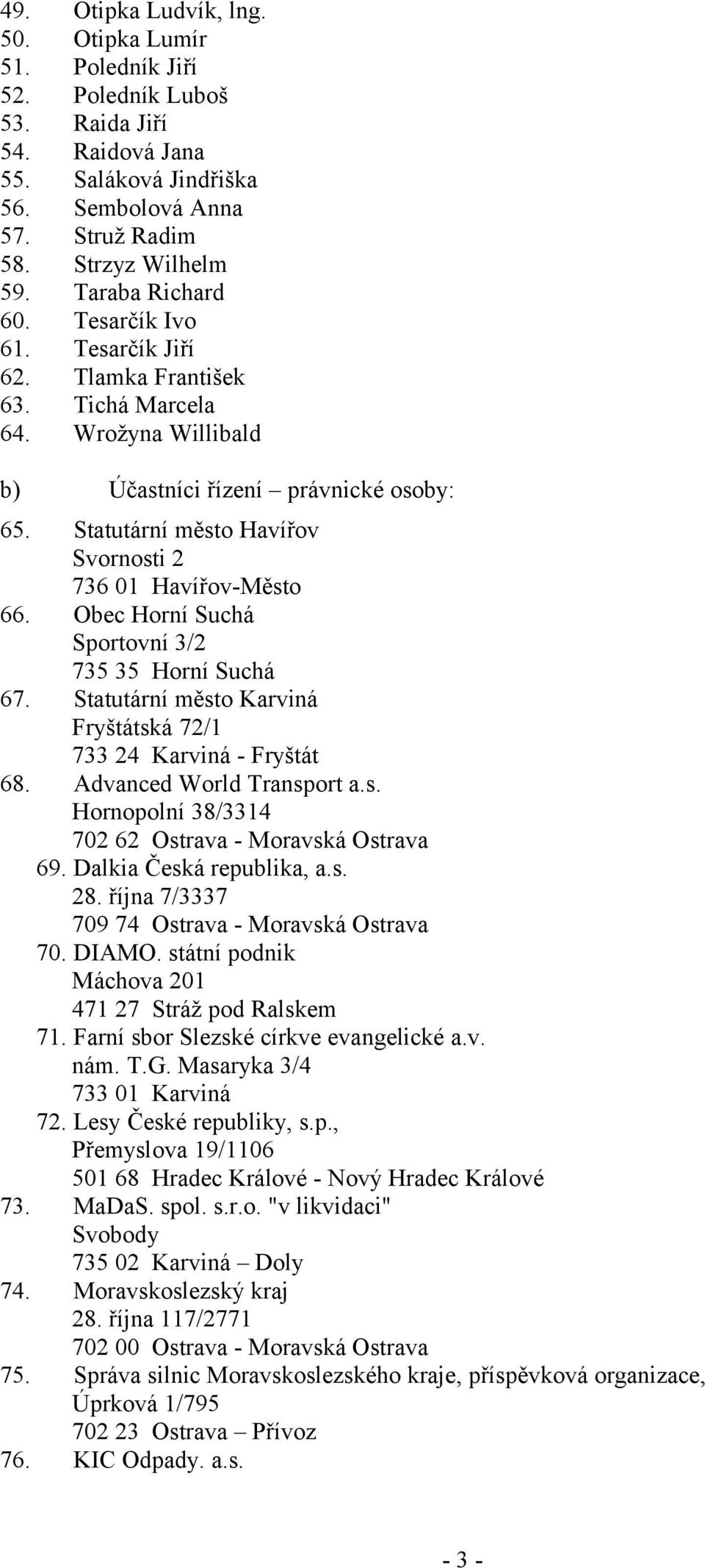 Statutární město Havířov Svornosti 2 736 01 Havířov-Město 66. Obec Horní Suchá Sportovní 3/2 735 35 Horní Suchá 67. Statutární město Karviná Fryštátská 72/1 733 24 Karviná - Fryštát 68.