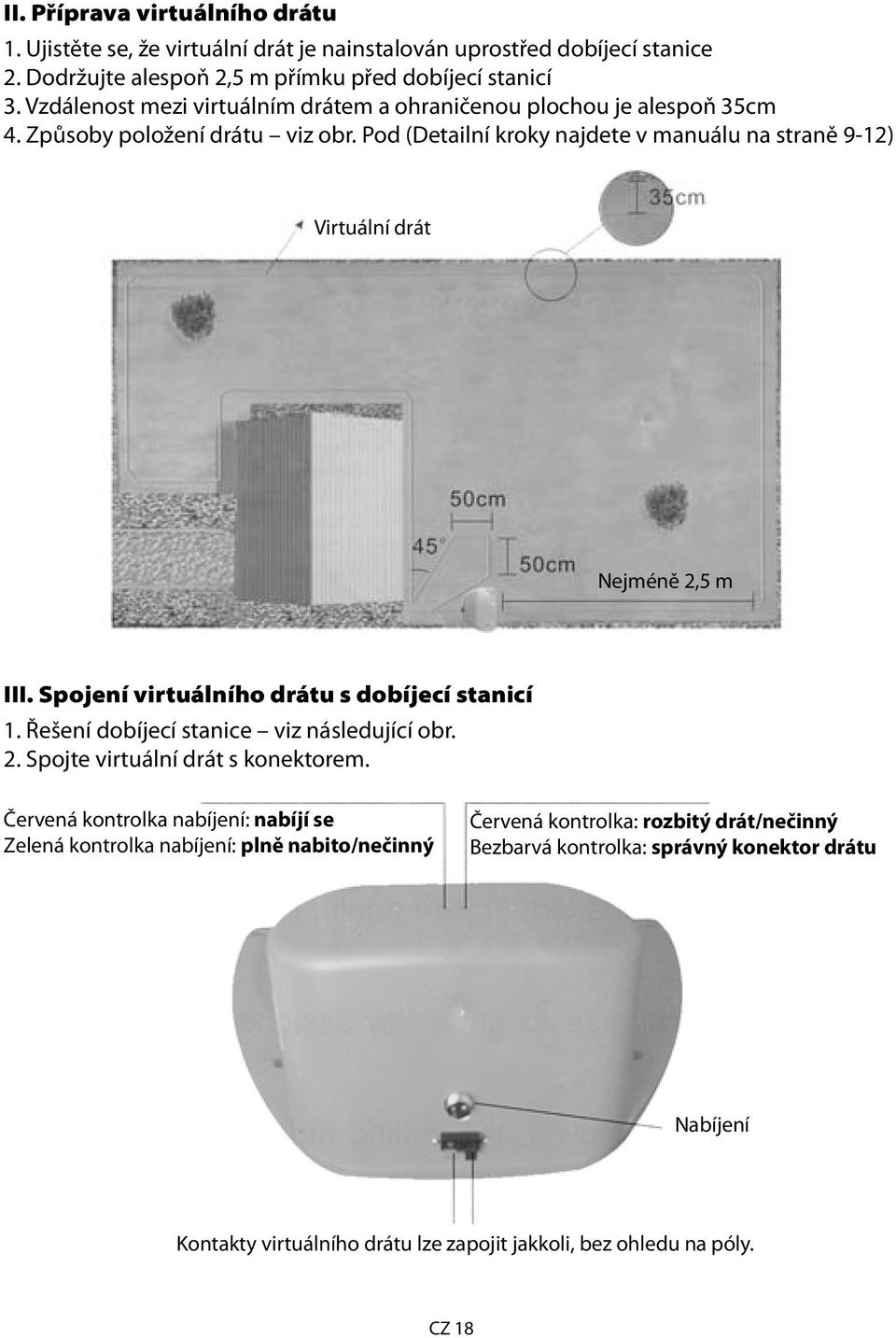 Pod (Detailní kroky najdete v manuálu na straně 9-12) Virtuální drát Nejméně 2,5 m III. Spojení virtuálního drátu s dobíjecí stanicí 1. Řešení dobíjecí stanice viz následující obr. 2. Spojte virtuální drát s konektorem.