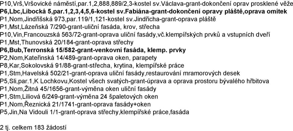 jindřicha-grant-oprava pláště P1,Mst,Lázeňská 7/90-grant-uliční fasáda, krov, střecha P10,Vin,Francouzská 563/7-grant-oprava uliční fasády,vč.