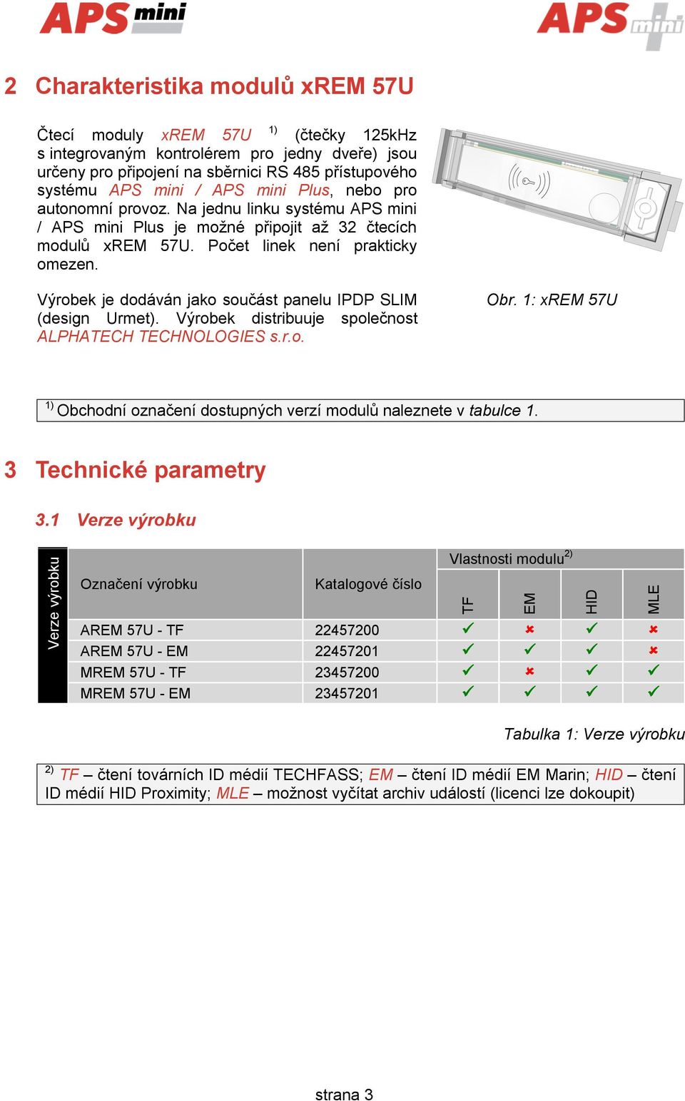 1) Výrobek je dodáván jako součást panelu IPDP SLIM (design Urmet). Výrobek distribuuje společnost ALPHATECH TECHNOLOGIES s.r.o. Obr.