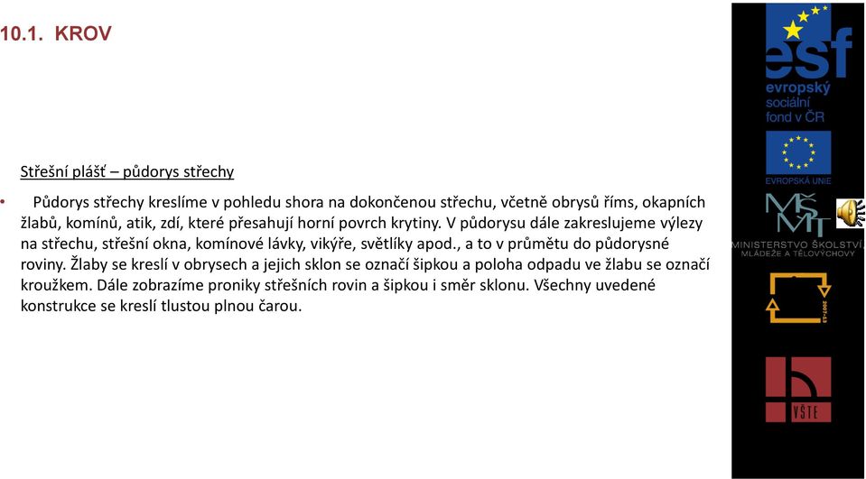 V půdorysu dále zakreslujeme výlezy na střechu, střešní okna, komínové lávky, vikýře, světlíky apod., a to v průmětu do půdorysné roviny.