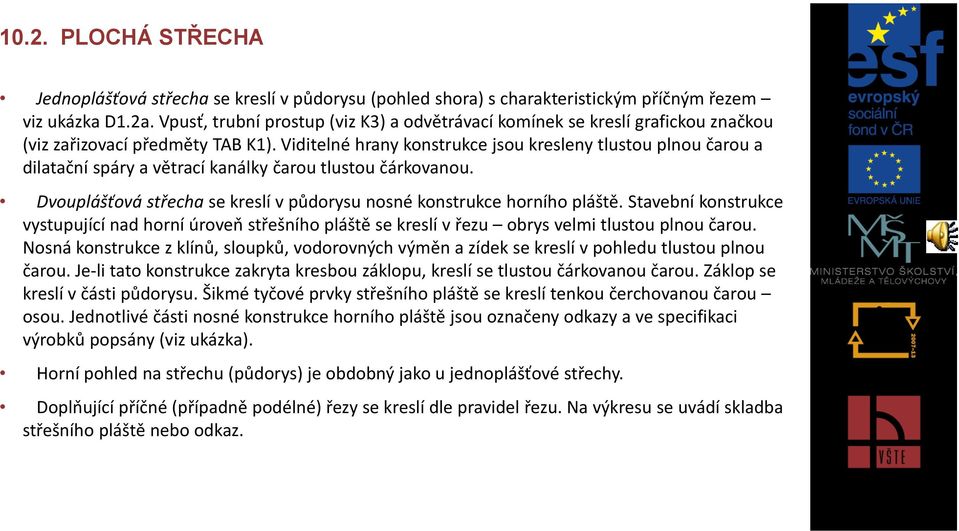 Viditelné hrany konstrukce jsou kresleny tlustou plnou čarou a dilatační spáry a větrací kanálky čarou tlustou čárkovanou. Dvouplášťová střecha se kreslí v půdorysu nosné konstrukce horního pláště.