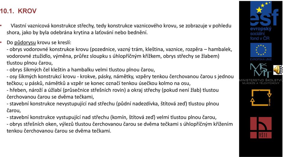 střechy se žlabem) tlustou plnou čarou, - obrys šikmých čel kleštin a hambalku velmi tlustou plnou čarou, - osy šikmých konstrukcí krovu - krokve, pásky, námětky, vzpěry tenkou čerchovanou čarou s