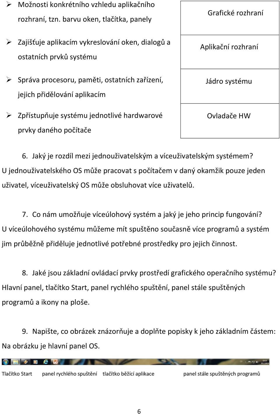 přidělování aplikacím Zpřístupňuje systému jednotlivé hardwarové prvky daného počítače Jádro systému Ovladače HW 6. Jaký je rozdíl mezi jednouživatelským a víceuživatelským systémem?