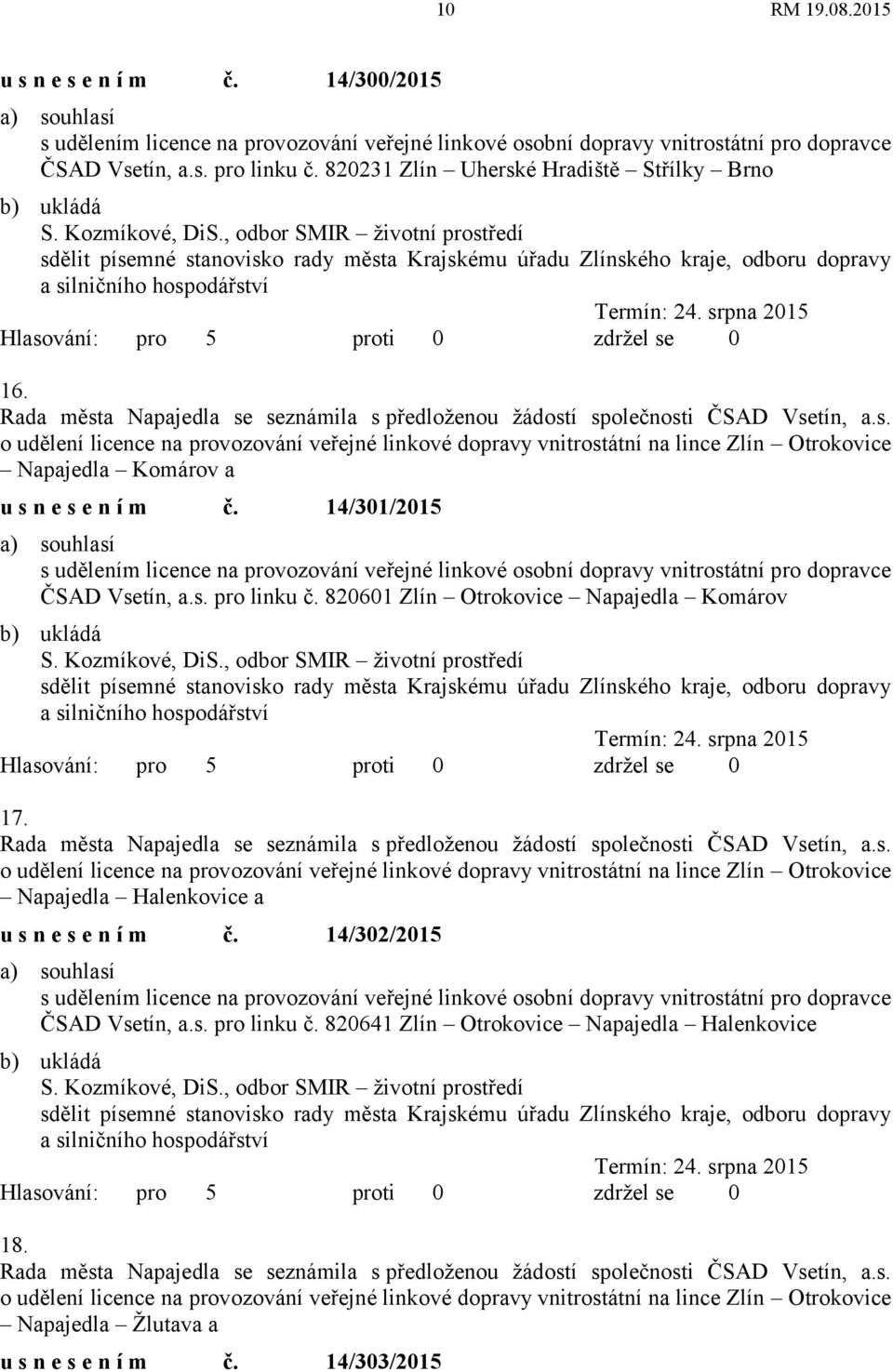 , odbor SMIR životní prostředí sdělit písemné stanovisko rady města Krajskému úřadu Zlínského kraje, odboru dopravy a silničního hospodářství Termín: 24. srpna 2015 16.