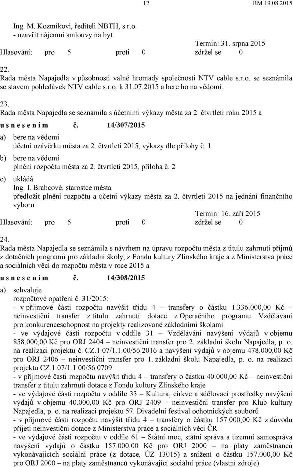 čtvrtletí 2015, výkazy dle přílohy č. 1 b) bere na vědomí plnění rozpočtu města za 2. čtvrtletí 2015, příloha č. 2 c) ukládá In