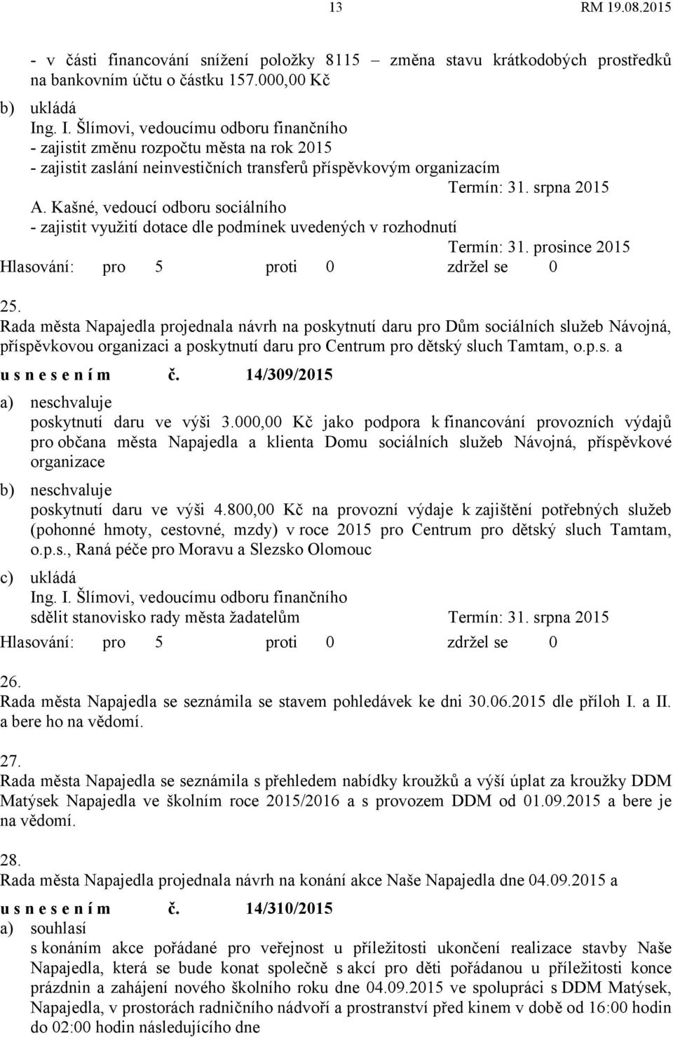 Kašné, vedoucí odboru sociálního - zajistit využití dotace dle podmínek uvedených v rozhodnutí Termín: 31. prosince 2015 25.