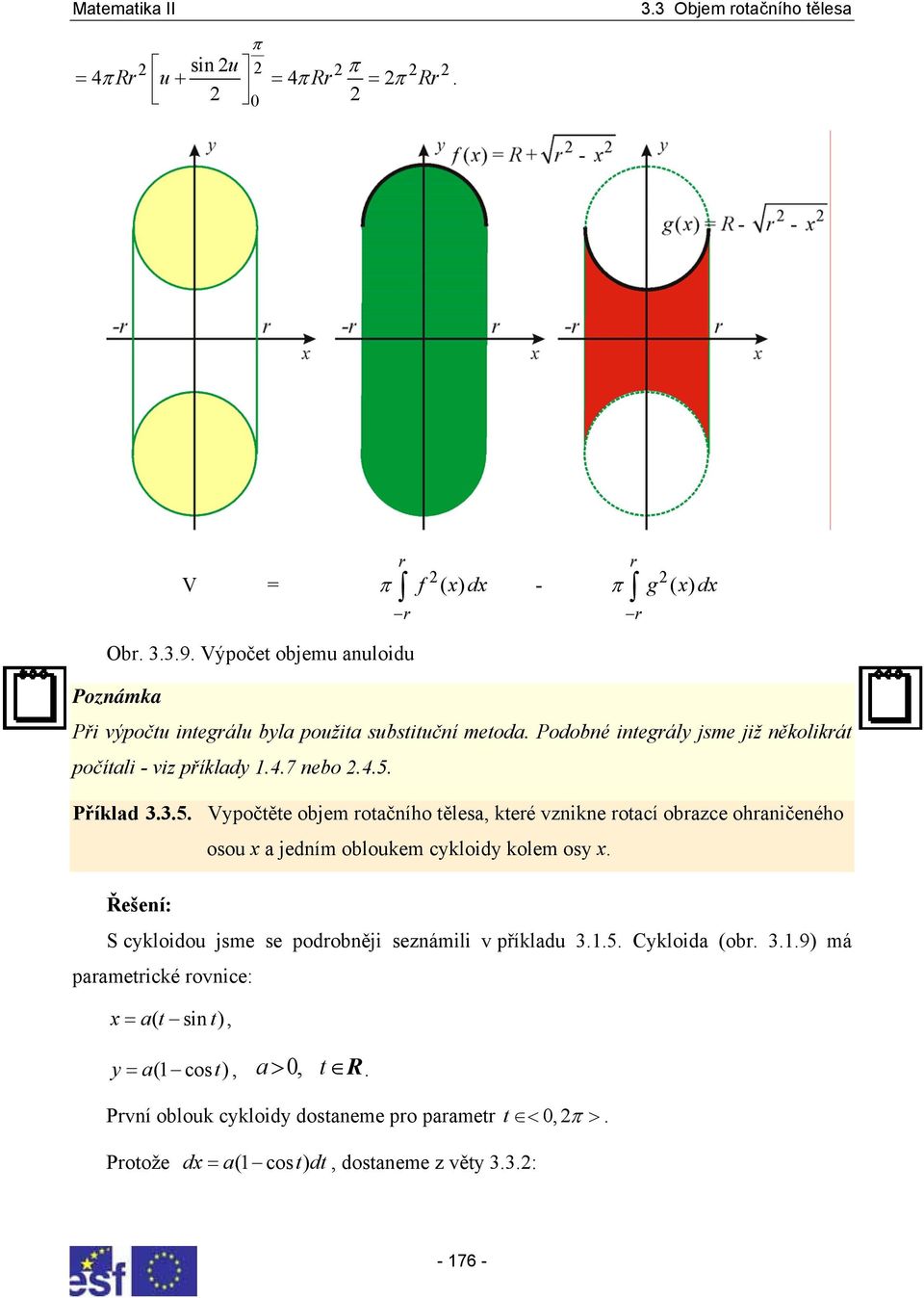 4.5. Příkld..5. Vypočtěte ojem rotčního těles, které vznikne rotcí orzce ohrničeného Řešení: osou x jedním oloukem cykloidy kolem osy x.