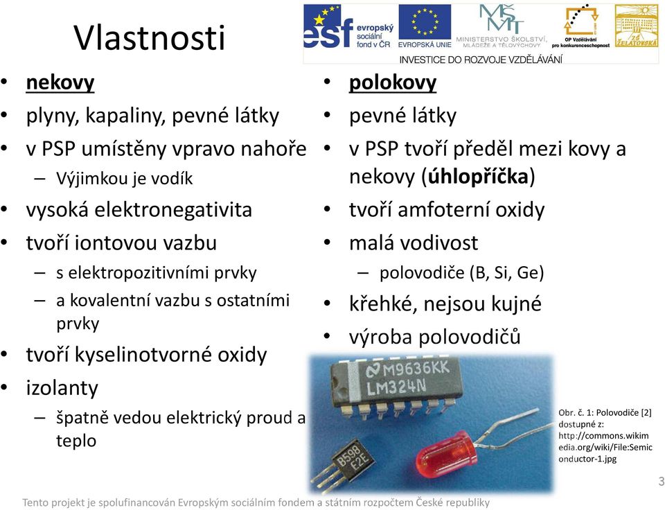 a teplo polokovy pevné látky v PSP tvoří předěl mezi kovy a nekovy (úhlopříčka) tvoří amfoterní oxidy malá vodivost polovodiče (B, Si,