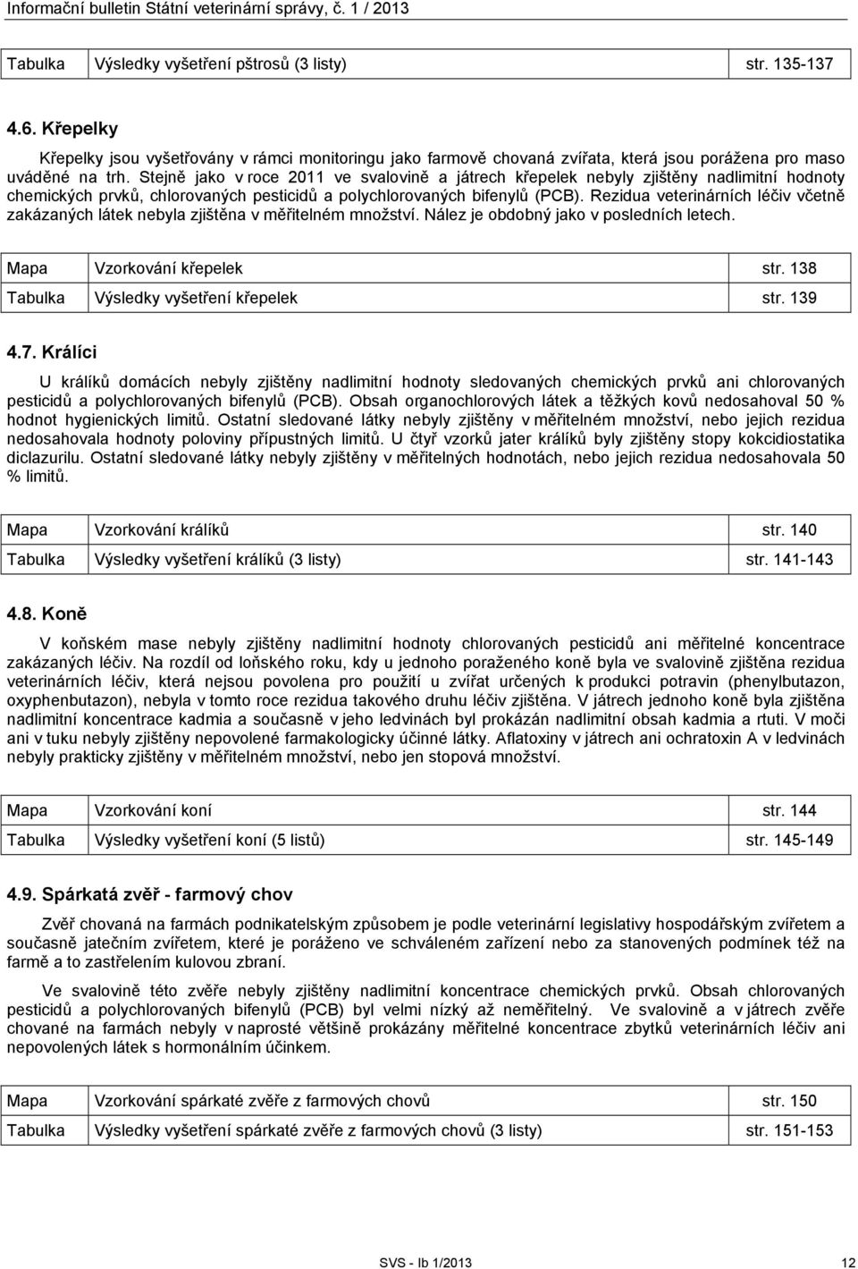 Stejně jako v roce 2011 ve svalovině a játrech křepelek nebyly zjištěny nadlimitní hodnoty chemických prvků, chlorovaných pesticidů a polychlorovaných bifenylů (PCB).