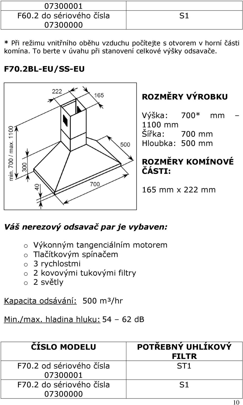 2BL-EU/SS-EU ROZMĚRY VÝROBKU Výška: 700* mm 1100 mm Šířka: 700 mm Hloubka: 500 mm ROZMĚRY KOMÍNOVÉ ČÁSTI: 165 mm x 222 mm Váš nerezový odsavač par je