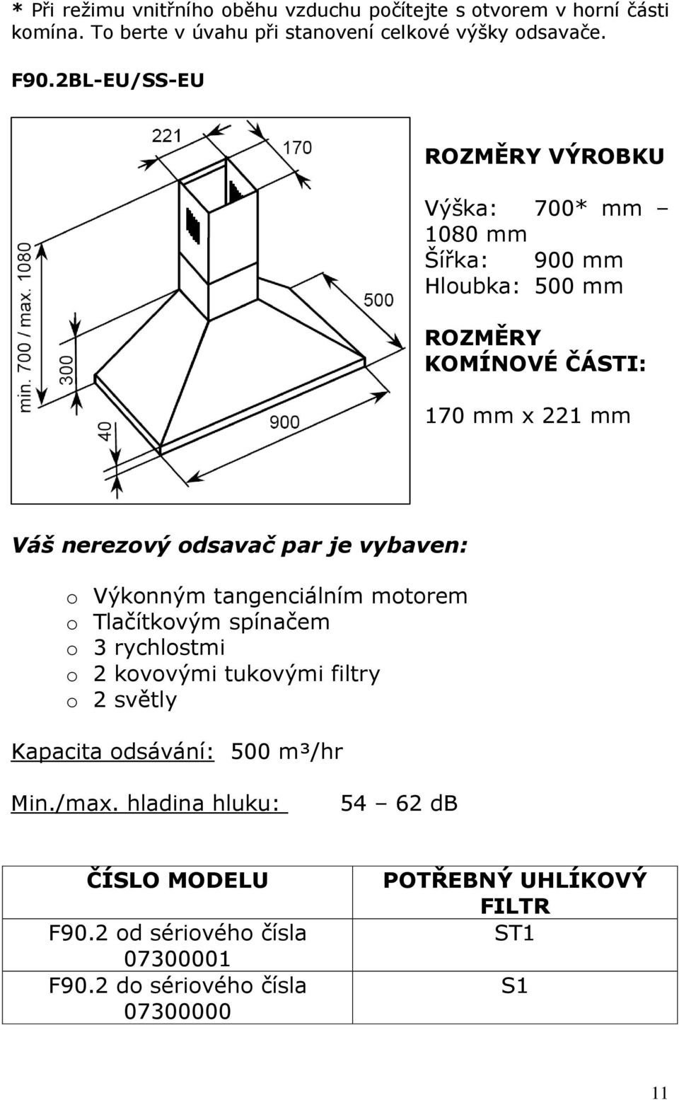 je vybaven: o Výkonným tangenciálním motorem o Tlačítkovým spínačem o 3 rychlostmi o 2 kovovými tukovými filtry o 2 světly Kapacita odsávání: 500