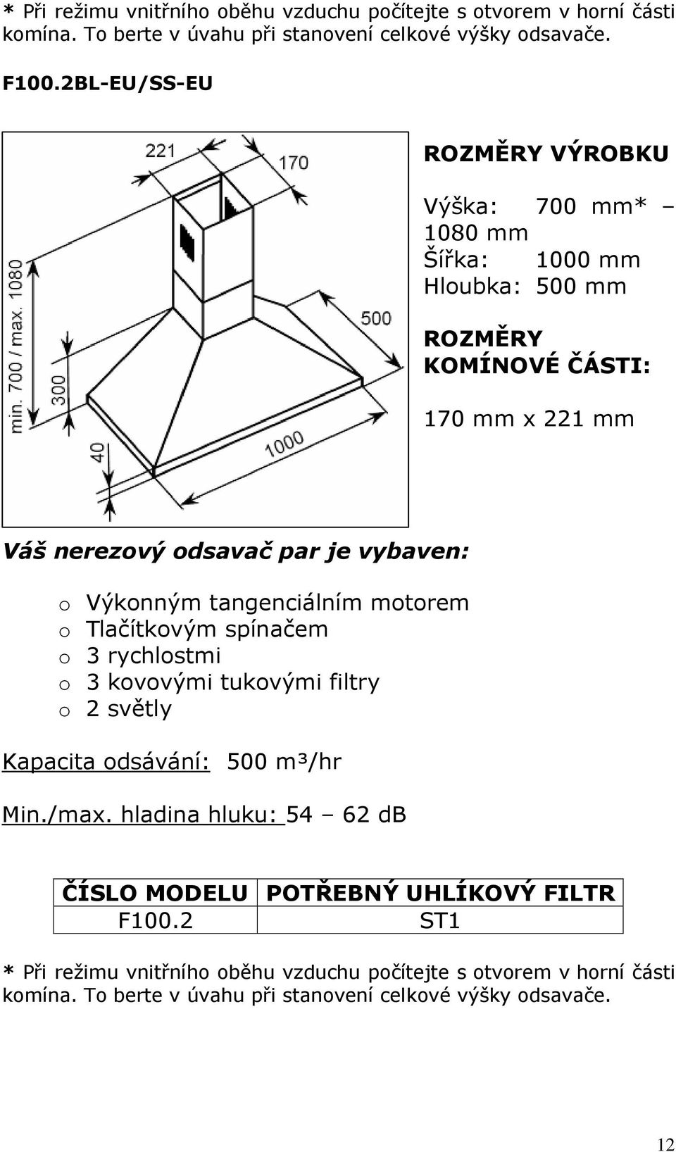 Výkonným tangenciálním motorem o Tlačítkovým spínačem o 3 rychlostmi o 3 kovovými tukovými filtry o 2 světly Kapacita odsávání: 500 m³/hr Min./max.