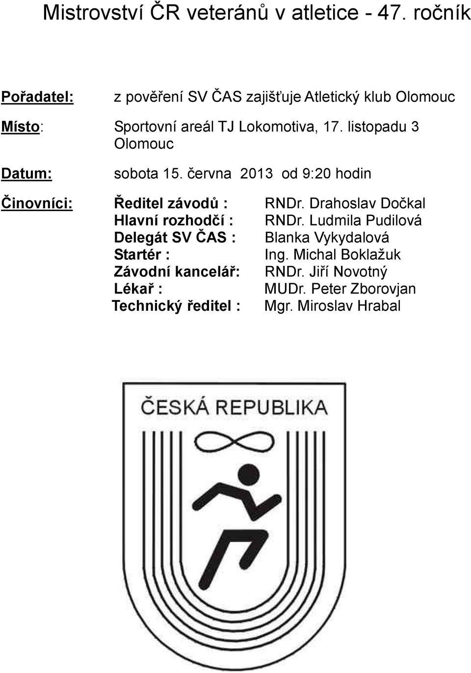 listopadu 3 Olomouc Datum: sobota 15. června 2013 od 9:20 hodin Činovníci: Ředitel závodů : RNDr.