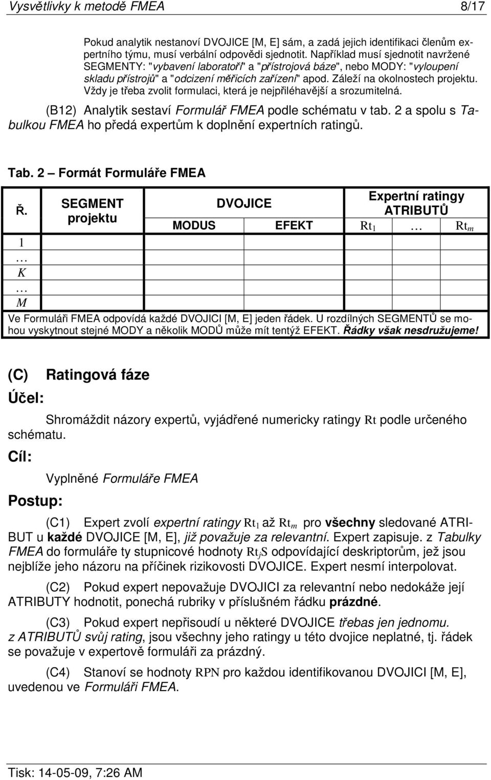 Vždy je třeba zvolit formulaci, která je nejpřiléhavější a srozumitelná. (B12) Analytik sestaví Formulář FMEA podle schématu v tab.