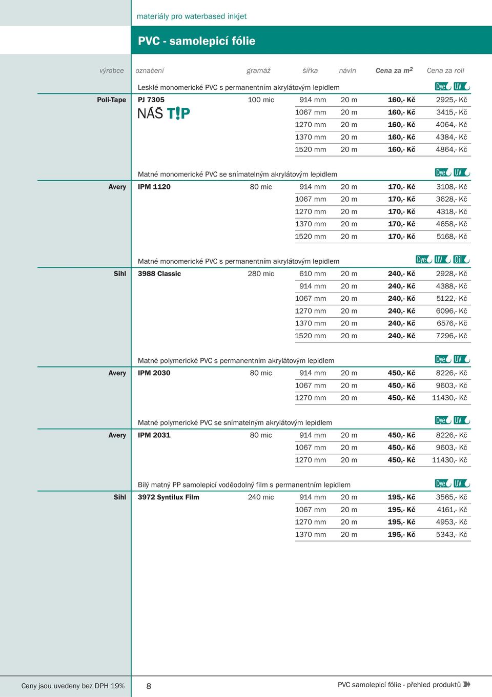 akrylátovým lepidlem IPM 1120 80 mic 914 mm 20 m 170,- Kč 3108,- Kč 1067 mm 20 m 170,- Kč 3628,- Kč 1270 mm 20 m 170,- Kč 4318,- Kč 1370 mm 20 m 170,- Kč 4658,- Kč 1520 mm 20 m 170,- Kč 5168,- Kč