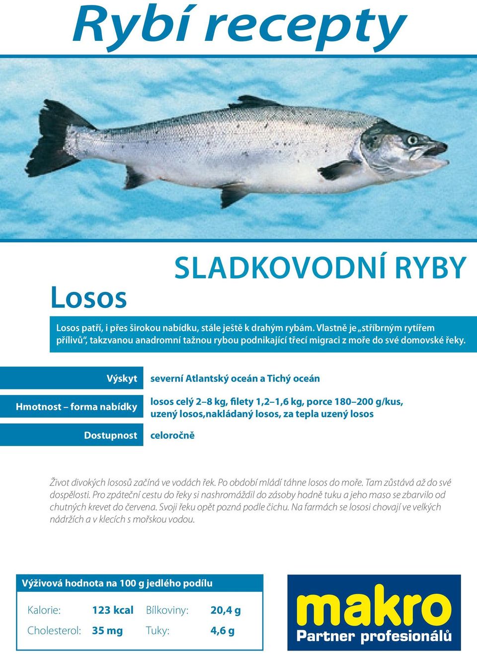 Výskyt Hmotnost forma nabídky Dostupnost severní Atlantský oceán a Tichý oceán losos celý 2 8 kg, filety 1,2 1,6 kg, porce 180 200 g/kus, uzený losos,nakládaný losos, za tepla uzený losos celoročně