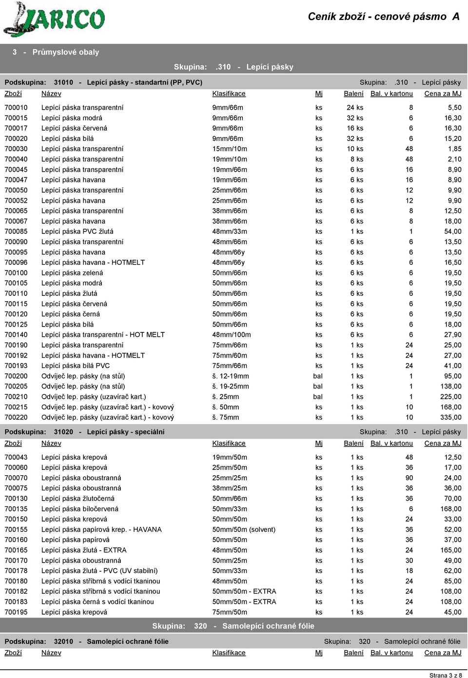 páska bílá 9mm/66m ks 32 ks 6 15,20 700030 Lepící páska transparentní 15mm/10m ks 10 ks 48 1,85 700040 Lepící páska transparentní 19mm/10m ks 8 ks 48 2,10 700045 Lepící páska transparentní 19mm/66m