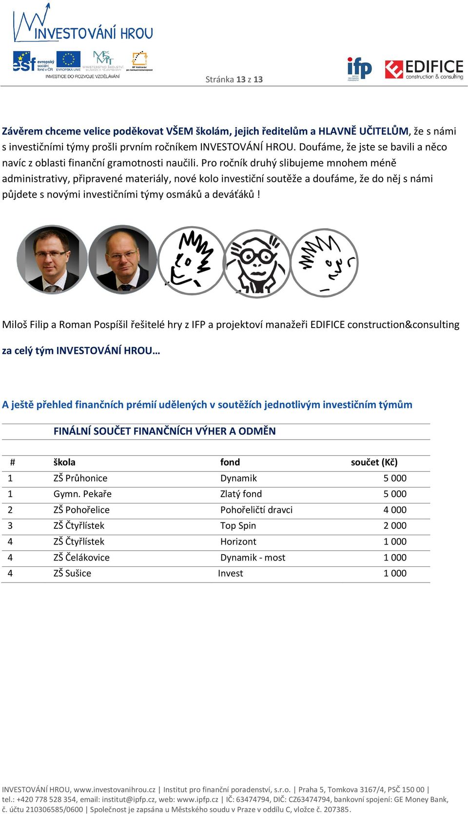 Pro ročník druhý slibujeme mnohem méně administrativy, připravené materiály, nové kolo investiční soutěže a doufáme, že do něj s námi půjdete s novými investičními týmy osmáků a deváťáků!
