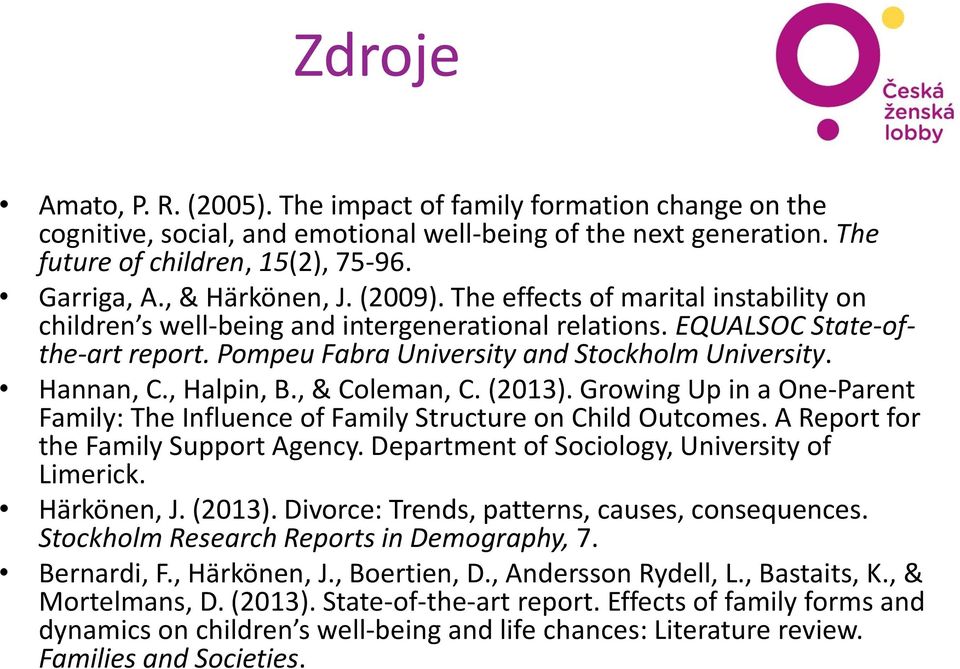 Hannan, C., Halpin, B., & Coleman, C. (2013). Growing Up in a One-Parent Family: The Influence of Family Structure on Child Outcomes. A Report for the Family Support Agency.