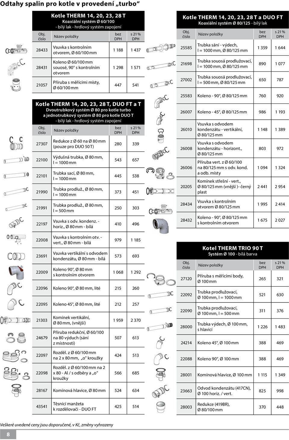 Trubka prodluž., Ø 80 mm, l = 1000 mm Trubka prodluž., Ø 80 mm, l = 500 mm Vsuvka s odv. kondenz. - horiz., Ø 80 mm - bílá Vsuvka s kontrolním otv. - vert.