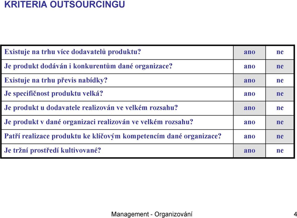 ano ne Je specifičnost produktu velká? ano ne Je produkt u dodavatele realizován ve velkém rozsahu?