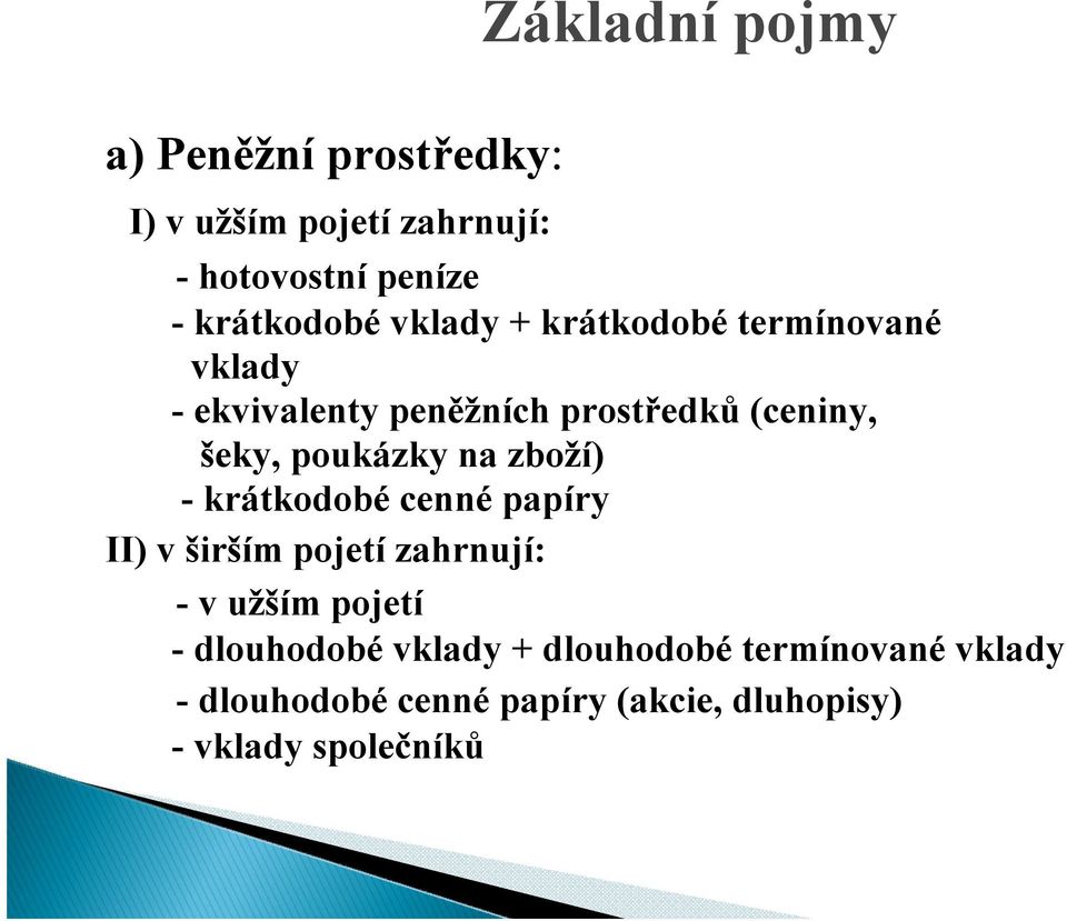 na zboží) - krátkodobé cenné papíry II) v širším pojetí zahrnují: - v užším pojetí - dlouhodobé