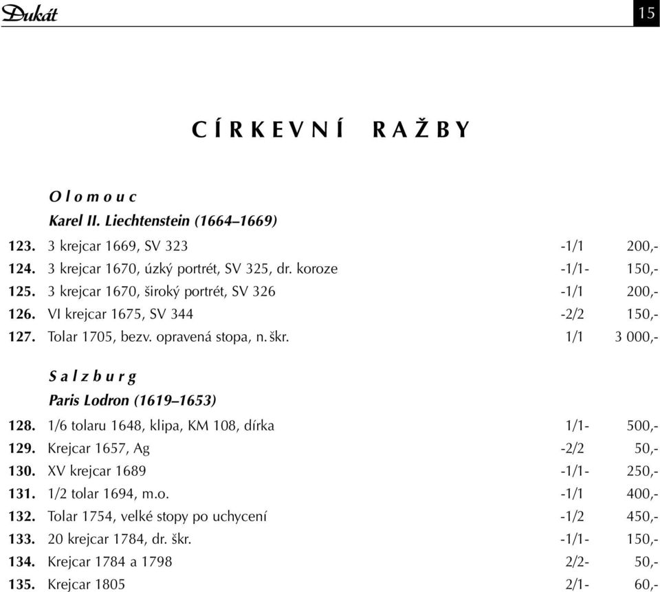 1/1 3 000,- S a l z b u r g Paris Lodron (1619 1653) 128. 1/6 tolaru 1648, klipa, KM 108, dírka 1/1-500,- 129. Krejcar 1657, Ag -2/2 50,- 130.