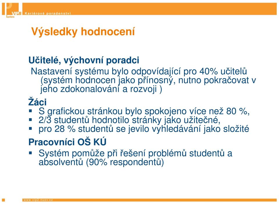 spokojeno více než 80 %, 2/3 studentů hodnotilo stránky jako užitečné, pro 28 % studentů se jevilo